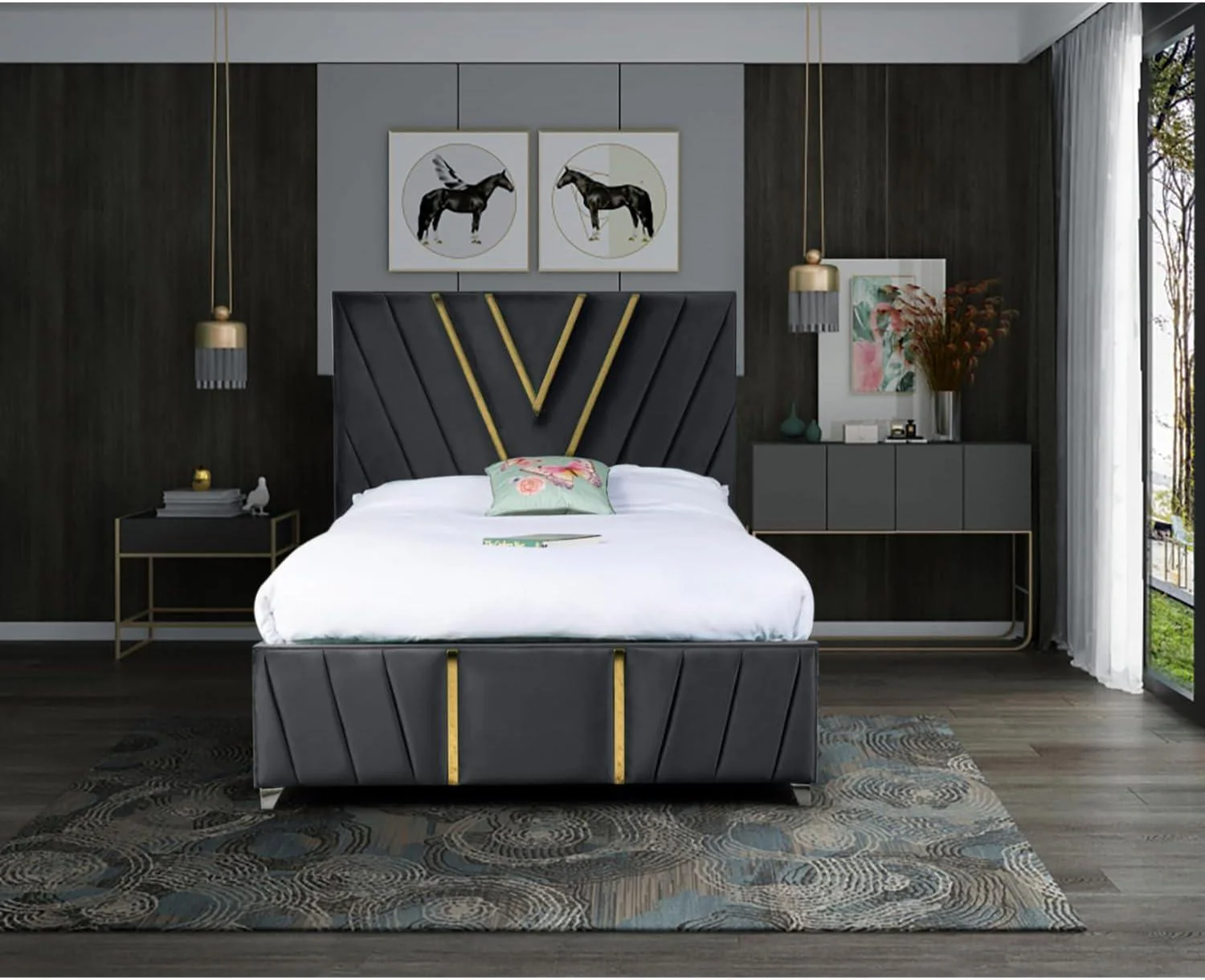 Golden trim Luxury velvet Bed Frame with Storage option available