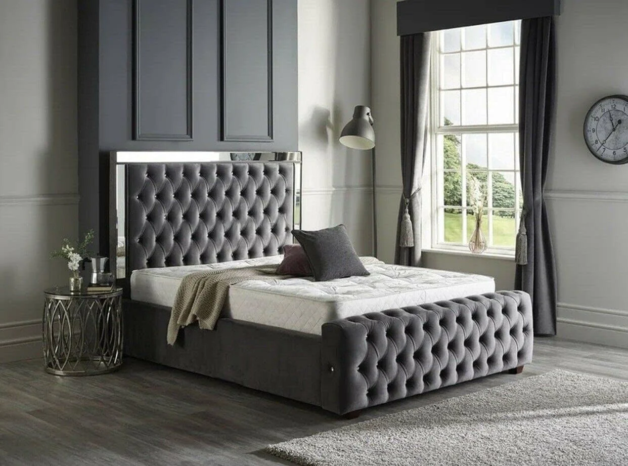 silver trim studded Luxury velvet Bed Frame with Storage option available