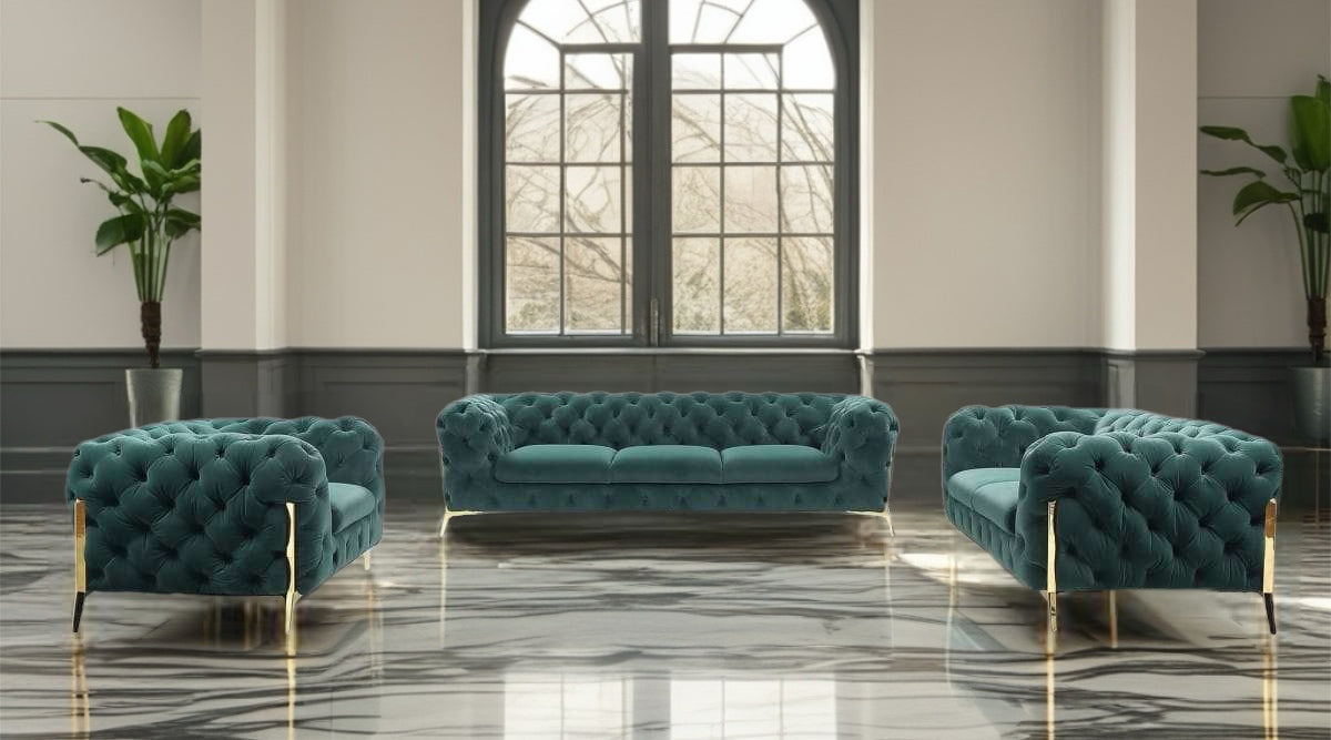 Jaguar Chesterfield Luxe Velvet 2+3 Seater Sofa set + Armchair