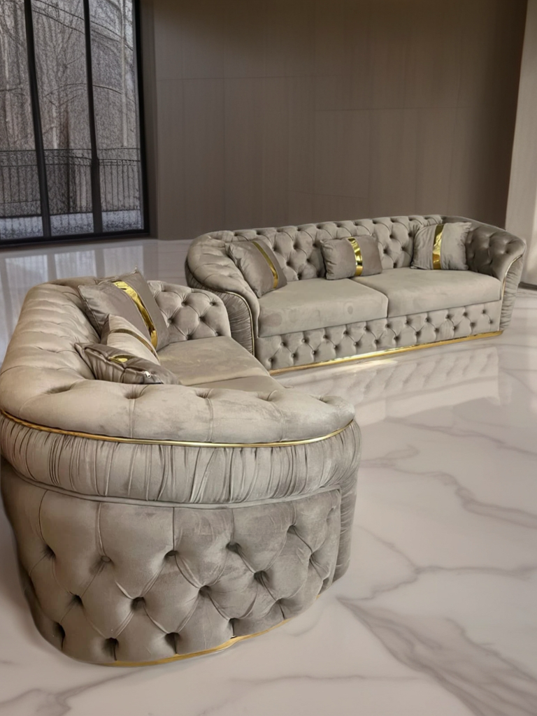 Ambassador 2+3 seater Luxe Velvet Sofa set with gold/chrome trim